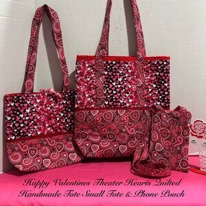 Valentina Red and Pink Hearts Quilted Tote Set